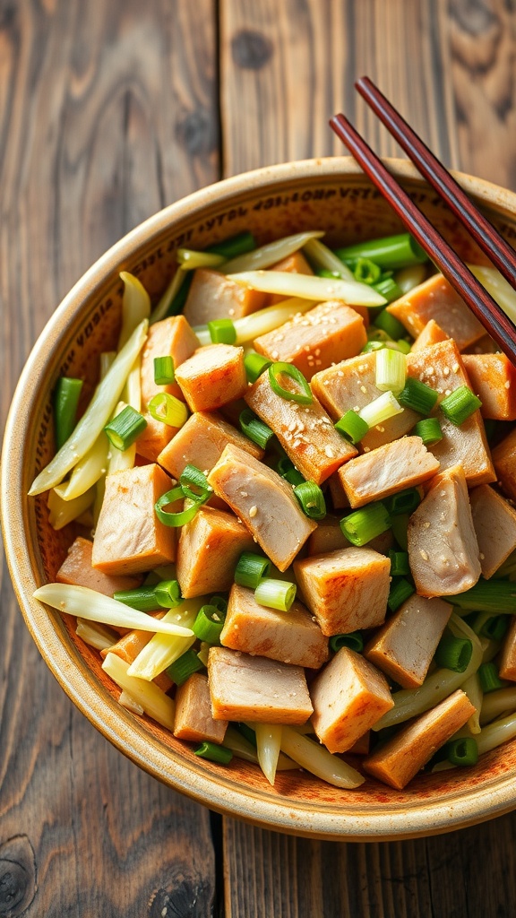 A delicious plate of pork and cabbage stir-fry with green onions and sesame seeds, served with chopsticks.
